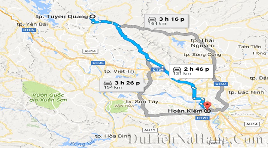 Hình ảnh minh họa lộ trình di chuyển từ Hà Nội đến Tuyên Quang