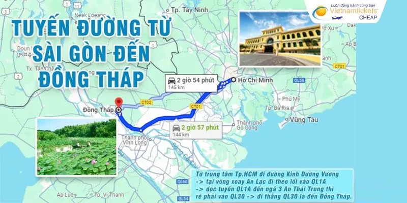 Bản đồ chi tiết hai tuyến đường chính từ Sài Gòn đi Đồng Tháp