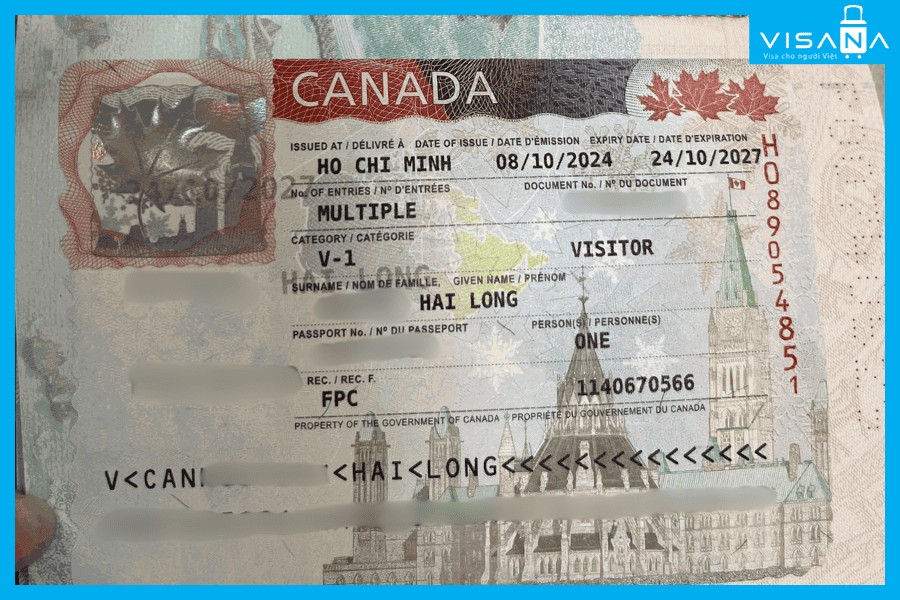 Hình ảnh minh họa một con tem visa Canada và thông tin cá nhân