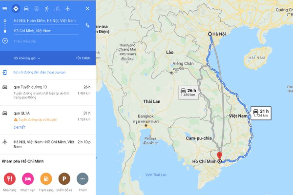 Tuyến đường Hà Nội – HCM 1724km qua Quốc lộ 14 và Quốc lộ 1A. Ảnh GG map