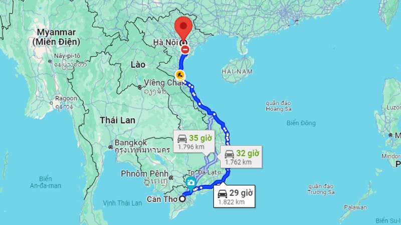 Khoảng cách từ Hà Nội đến Cần Thơ bằng đường bộ