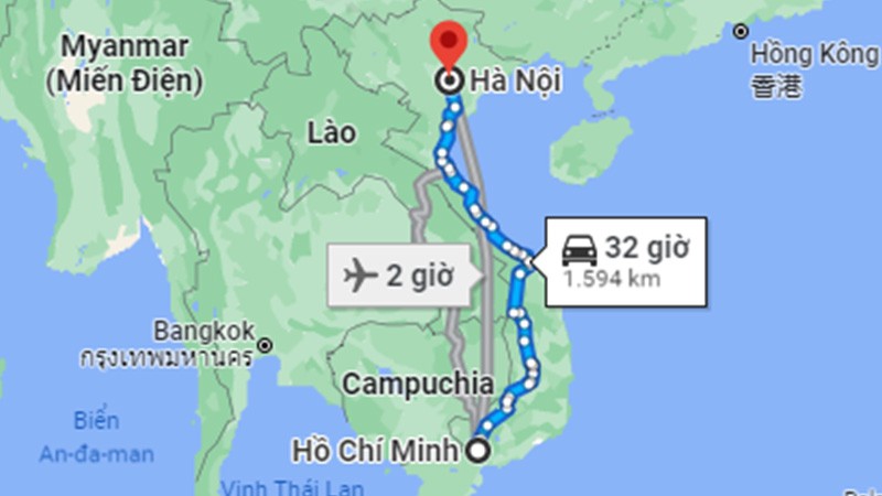 Khoảng cách từ Sài Gòn đi Hà Nội bằng đường bộ khoảng 1.594km