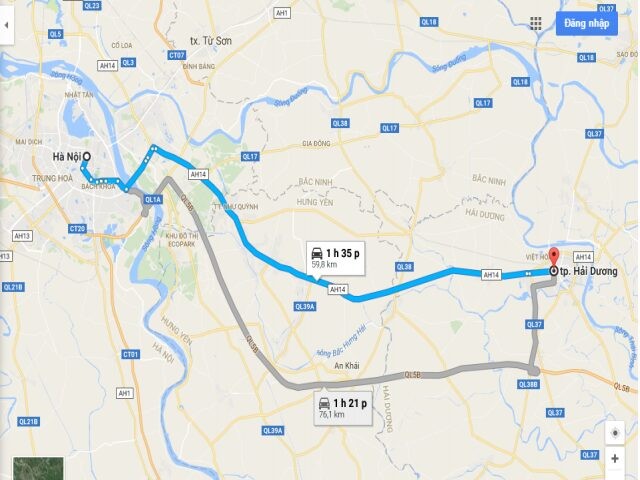 Sơ đồ minh họa khoảng cách từ Hà Nội đến Hải Dương