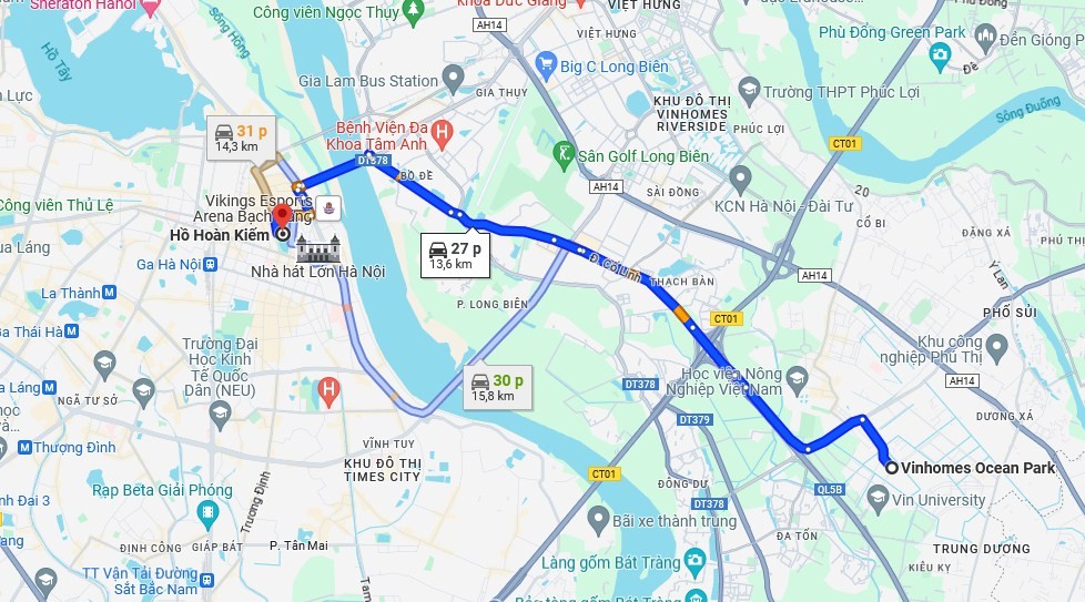 Bản đồ minh họa lộ trình từ Vinhomes Ocean Park Gia Lâm đến Hồ Hoàn Kiếm