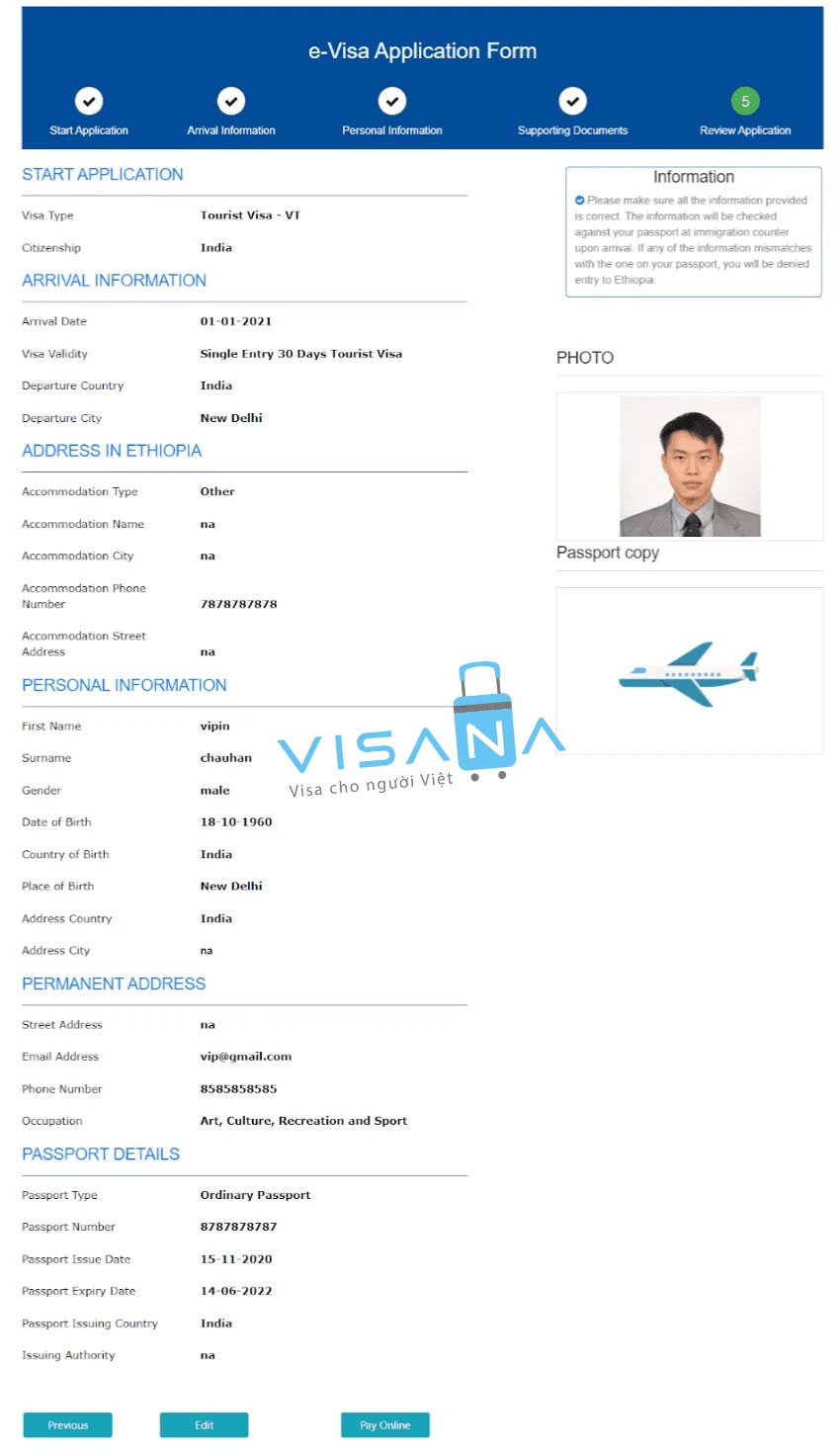 Biểu mẫu e-Visa Ethiopia đã hoàn chỉnh