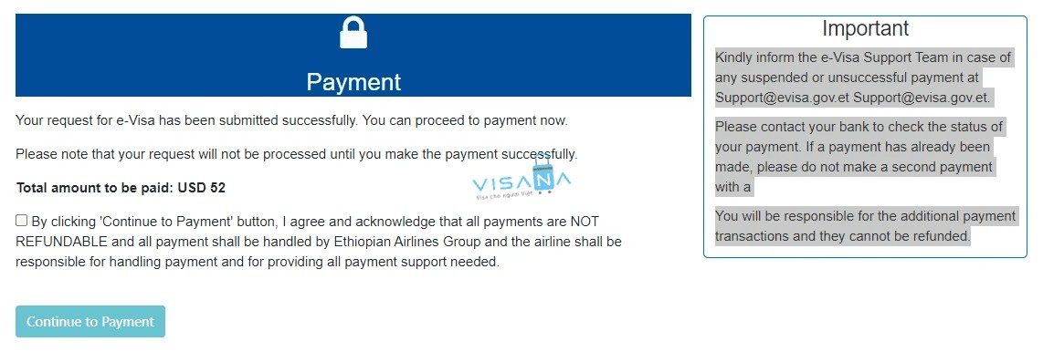 Thanh toán lệ phí e-Visa Ethiopia