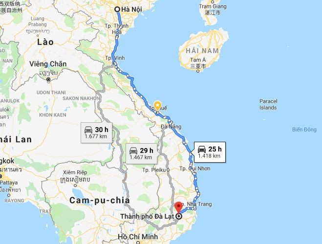 Minh họa tuyến đường di chuyển từ Hà Nội lên Lâm Đồng qua QL1A