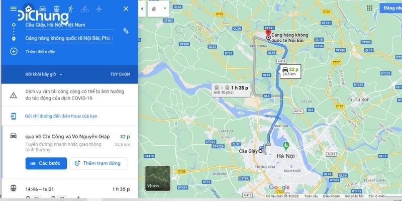 Lộ trình di chuyển từ Cầu Giấy đến sân bay Nội Bài.
