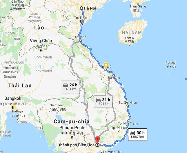 Bản đồ lộ trình chi tiết từ Hà Nội đi Đồng Nai qua QL1A