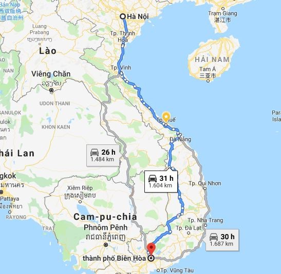 Minh họa tuyến đường từ Hà Nội đi Đồng Nai qua QL1A và QL14