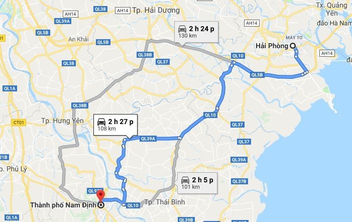 Minh họa lộ trình từ Hải Phòng đi Nam Định qua QL5B/ĐCT04 và QL10