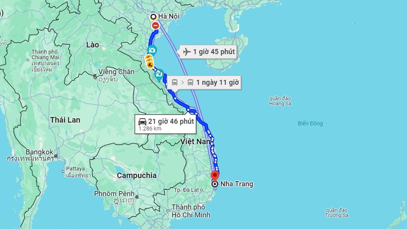Khoảng cách từ Hà Nội đến Nha Trang bằng đường bộ khoảng 1.283km