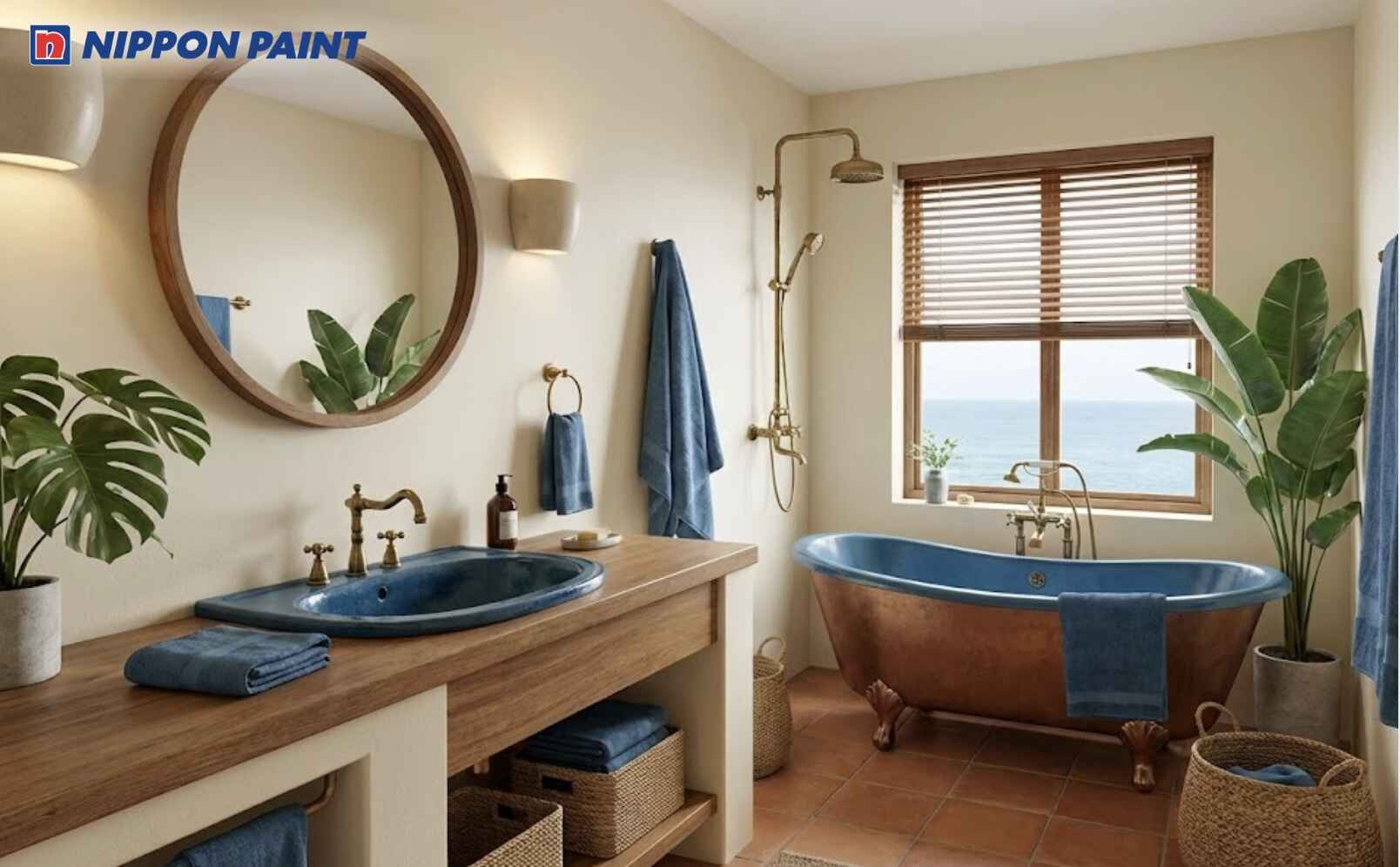 Phòng tắm màu kem phối xanh biển mang lại cảm giác sạch sẽ, thư giãn