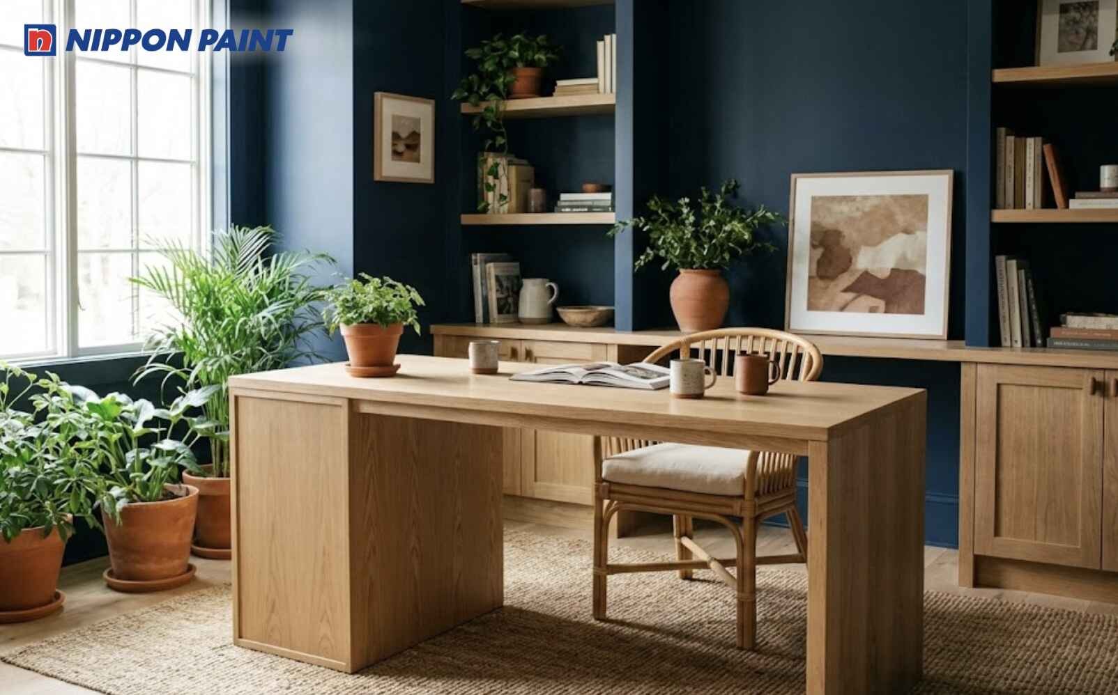 Xanh navy kết hợp nội thất sáng màu giúp tăng cảm hứng và hiệu quả học tập