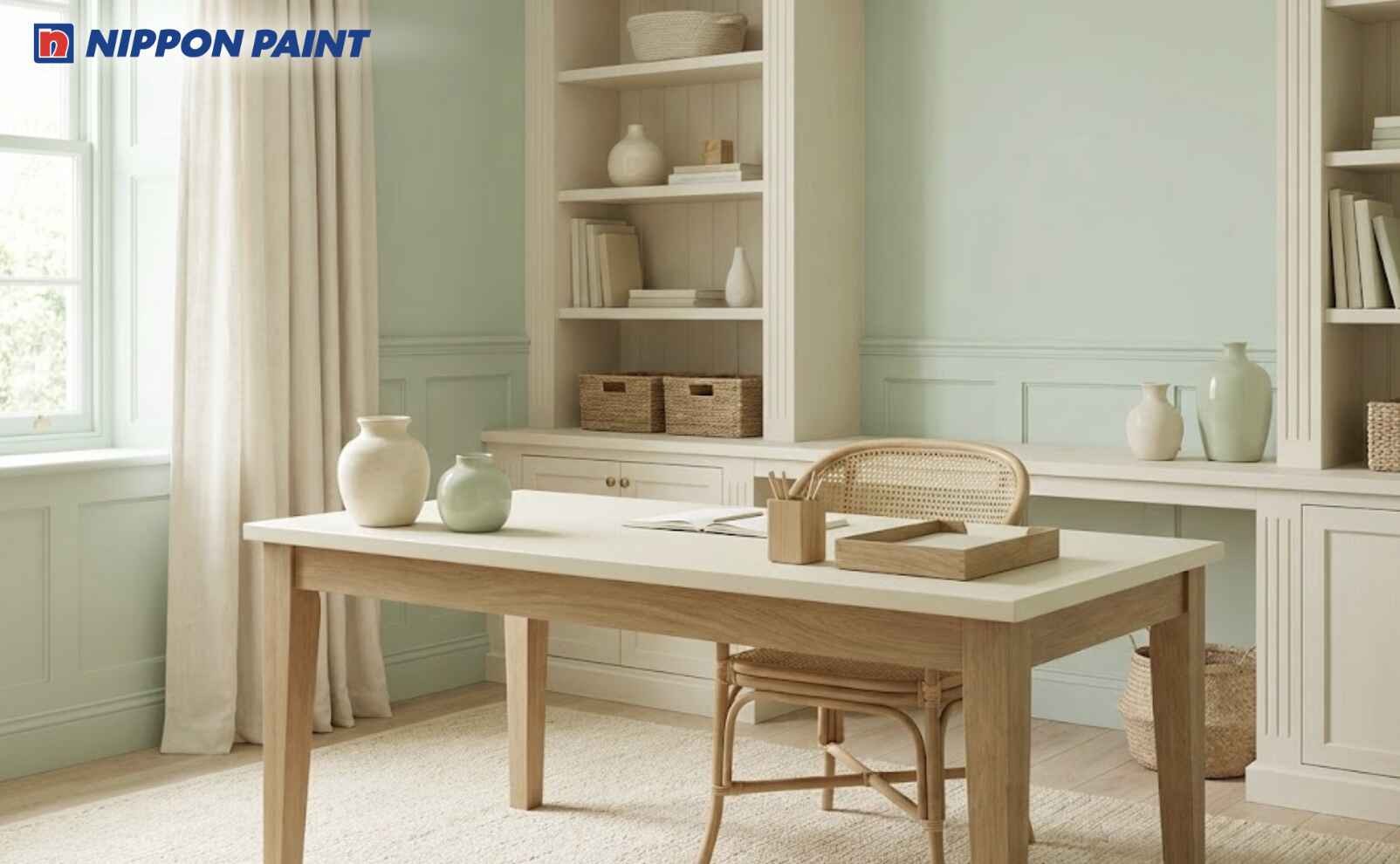Phối xanh pastel với trắng kem giúp không gian sáng sủa, thoáng và dễ chịu