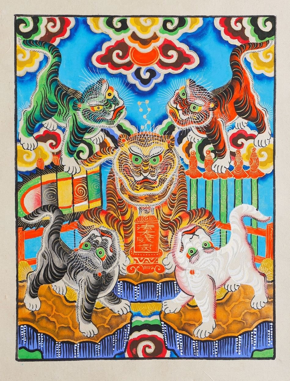 Tranh Ngũ Hổ hàng Trống được vẽ đẹp mắt, tinh xảo.